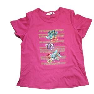 Quacker Factory Sequin Fish Shirt Women's L Pink Cotton Short Sleeve stretchyTop